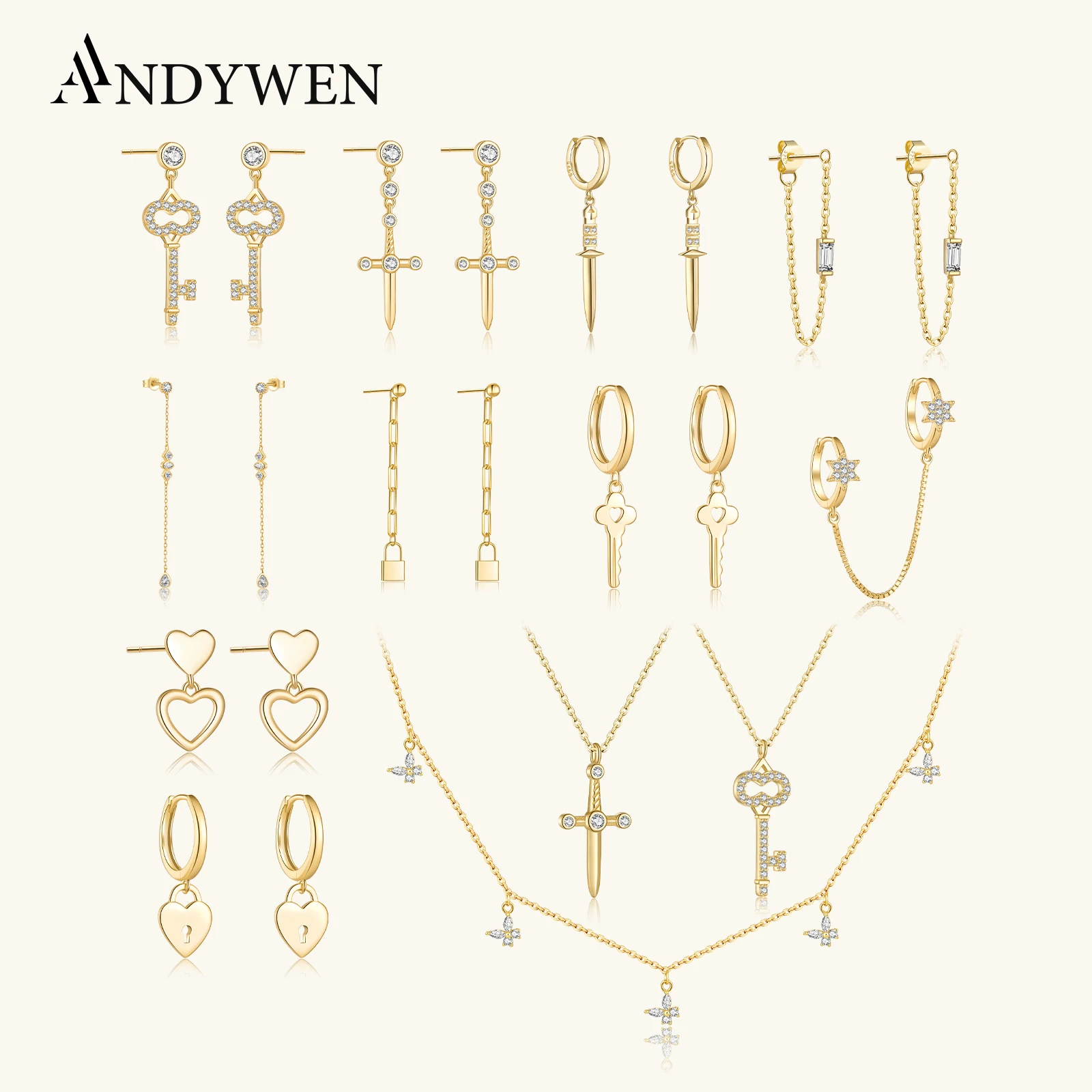 

ANDYWEN 925 Sterling Silver Gold Heart Key Cross Chain Drop Earring Piercing Luxury Jewelry 2021 Women Wedding Party Jewels Gift