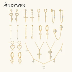 ANDYWEN 925 Sterling Silver Gold Heart Key Cross Chain Drop Earring Piercing Luxury Jewelry 2021 Women Wedding Party Jewels Gift