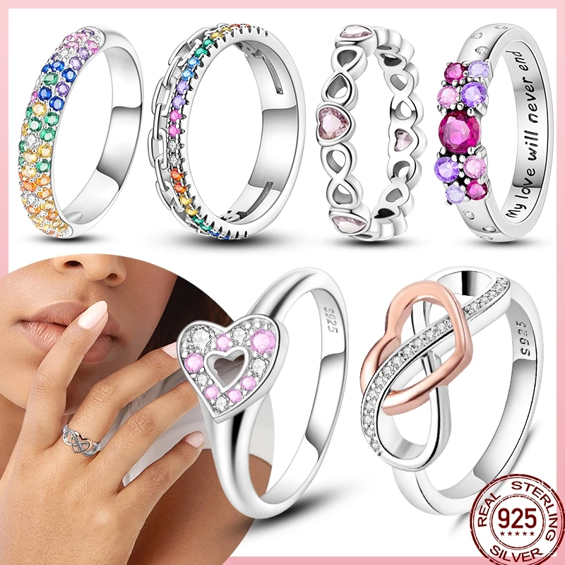 

925 Sterling Silver Ring Colored Zircon Love Heart Stackable Women's Original Wedding Rings Exquisite Jewelry Gift Anniversary