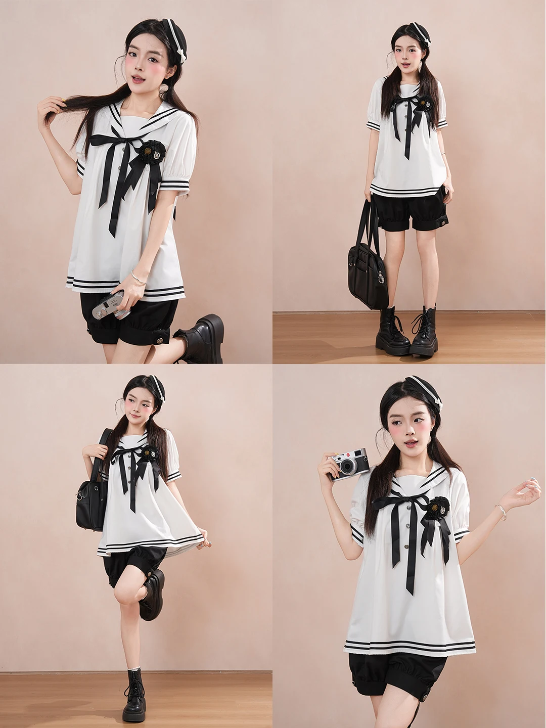  Forest Japanese College Style Navy Collar Black White Sailor Suit Set Women Summer Loose Teenage Two Piece Set Bubble Sl...