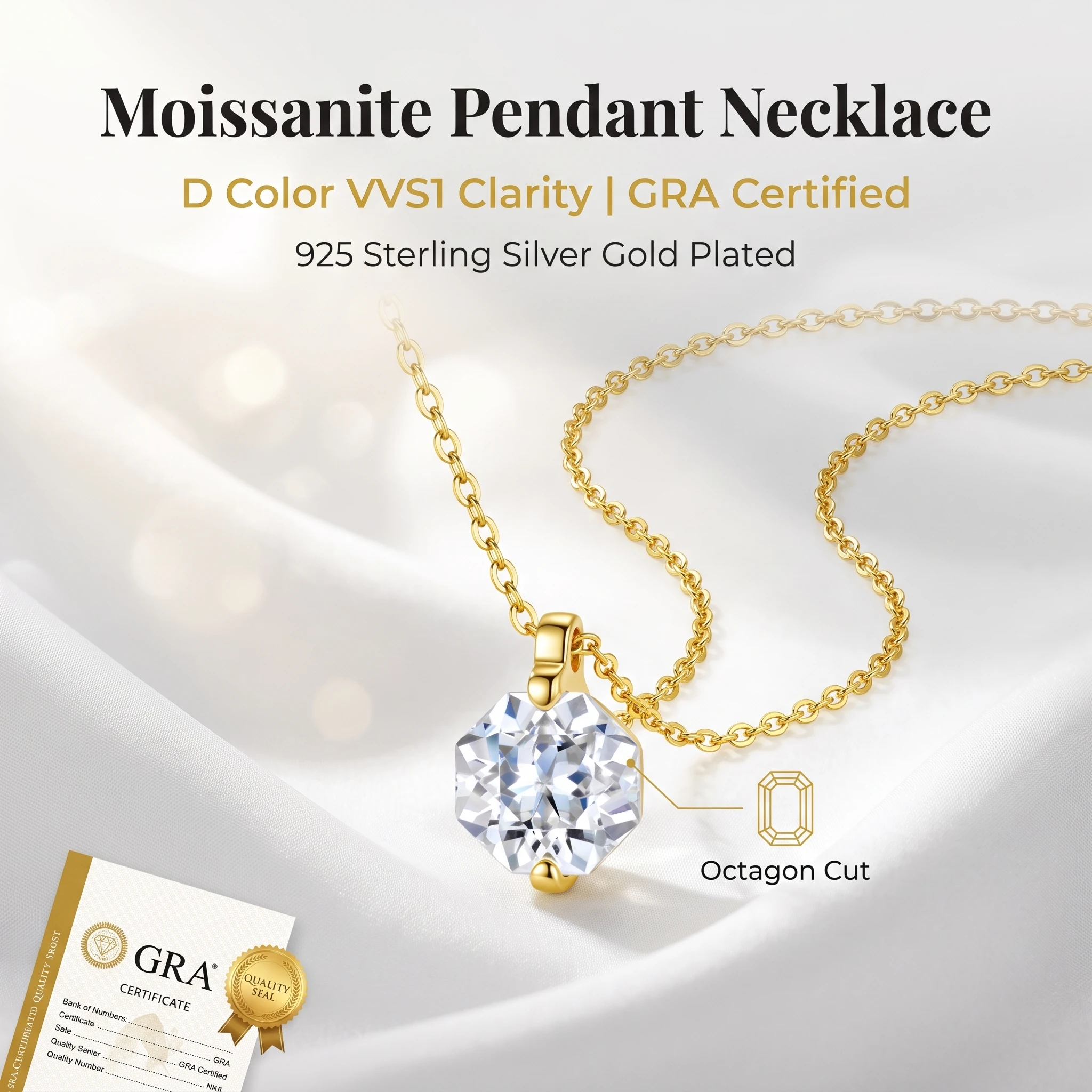 D Color VVS1 Octagon Moissanite Pendant Necklace GRA Certificate S925 Silver Gold Plated O Chain Daily Wear Jewelry For Ladies