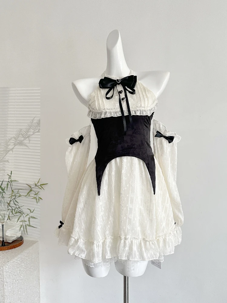 Otoño nuevo Vintage Francia vestido de encaje moda mujer dulce diseño Y2k vestidos ajustados con hombros descubiertos mujer encantadora ropa de retazos