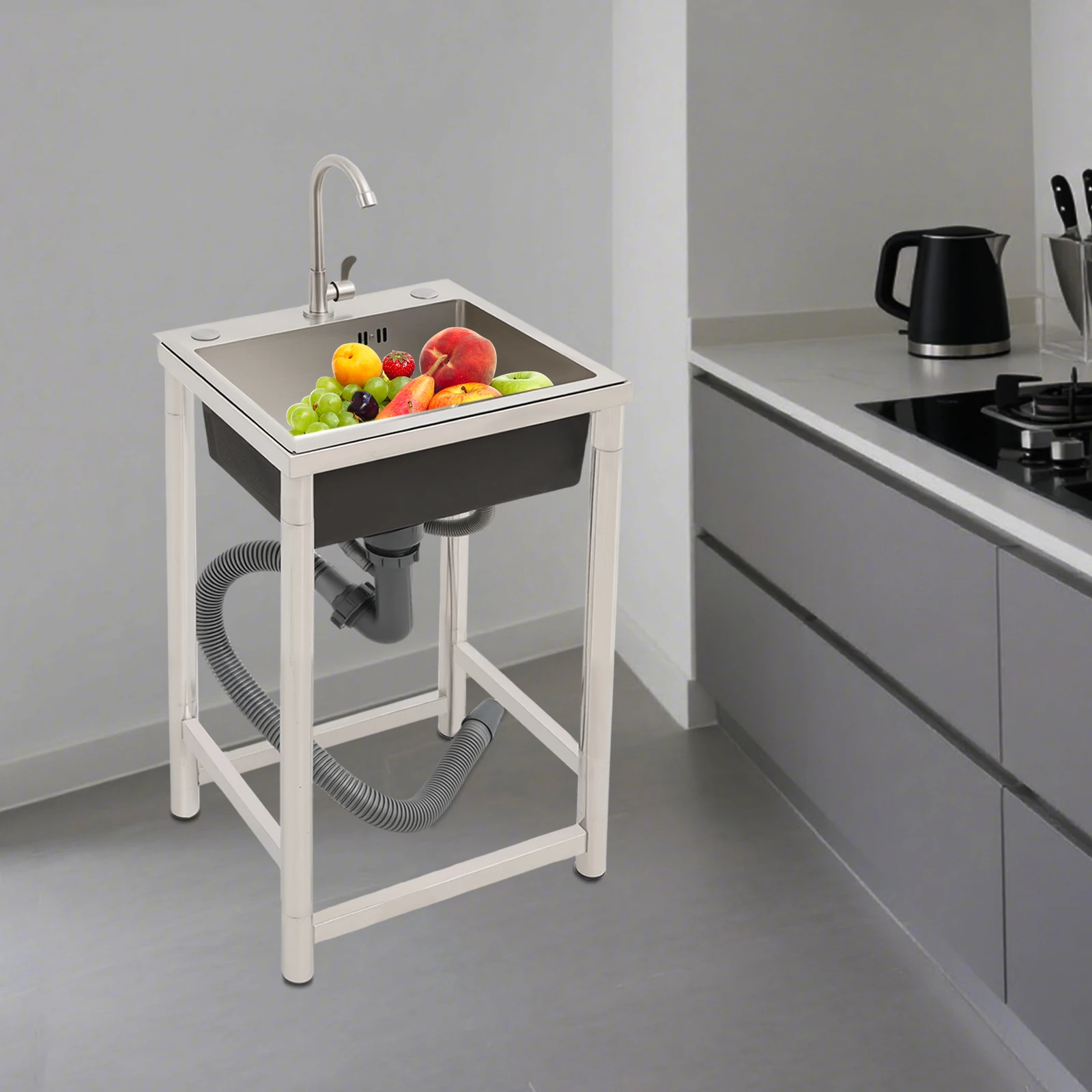 

Single Bowl Commercial Sink, Stainless Steel Sink with Faucet, Freestanding Utility Sink for Home Restaurant Garage, 45x40x22cm