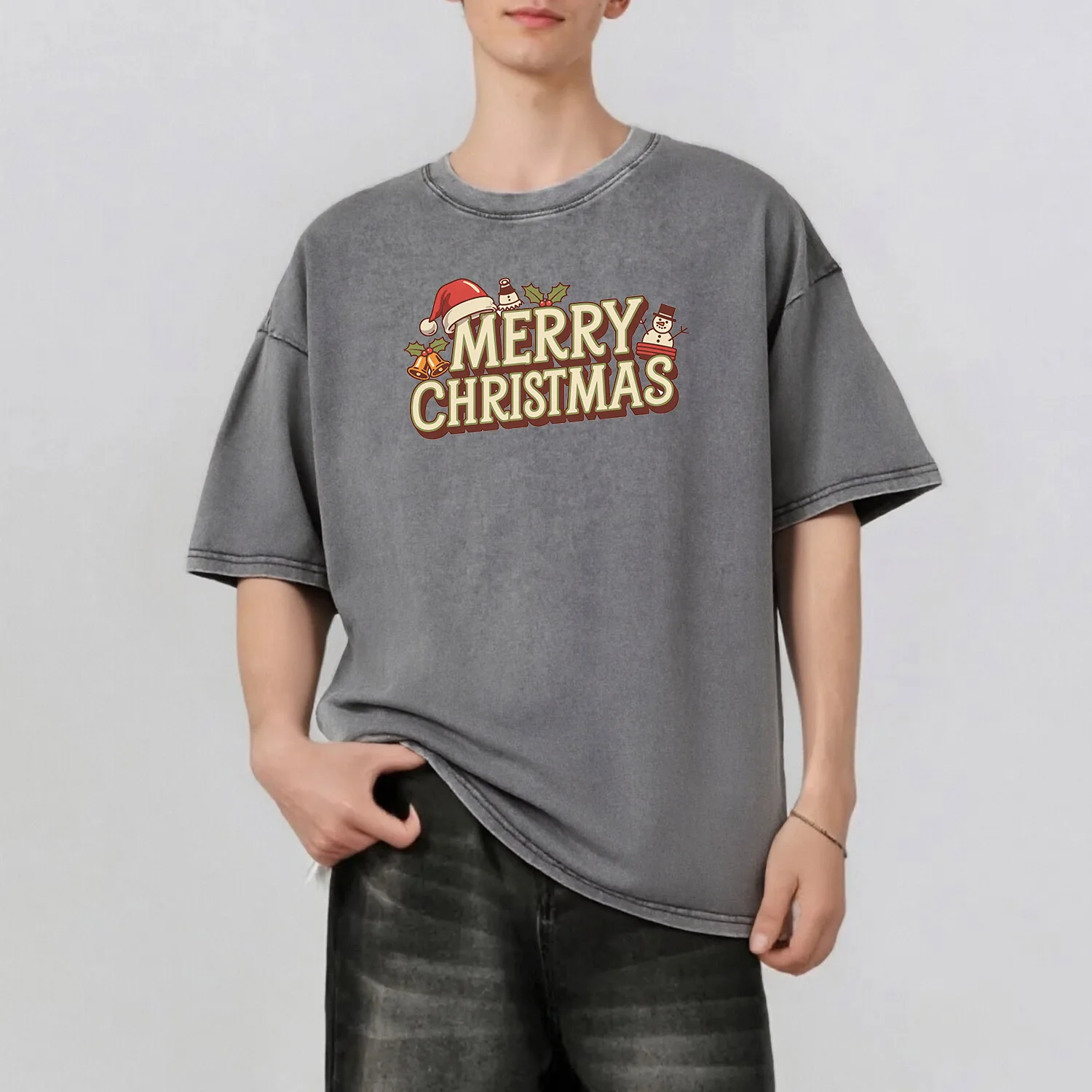 

Merry Christmas Graphic Printing Men's Summer Retro Style Washed Water T-Shirt Casual Short Sleeved Basic Men's Top 230G