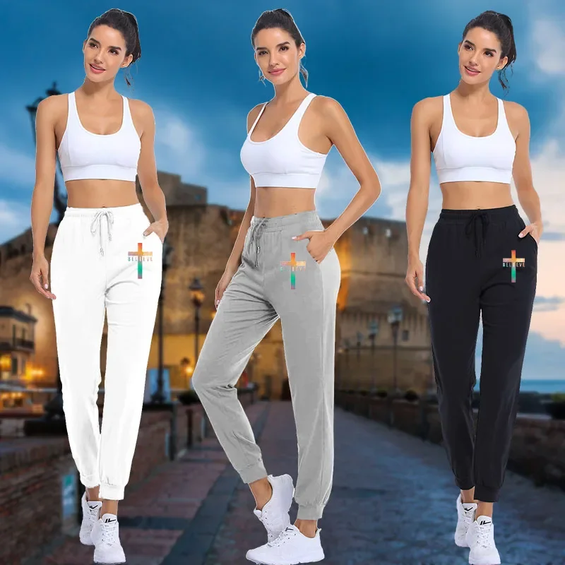 

Women's Rainbow Colors Believe Jesus Cross Printed Sports Pants Casual Design Sweatpants Ladies Sweatpants Jogging Trousers