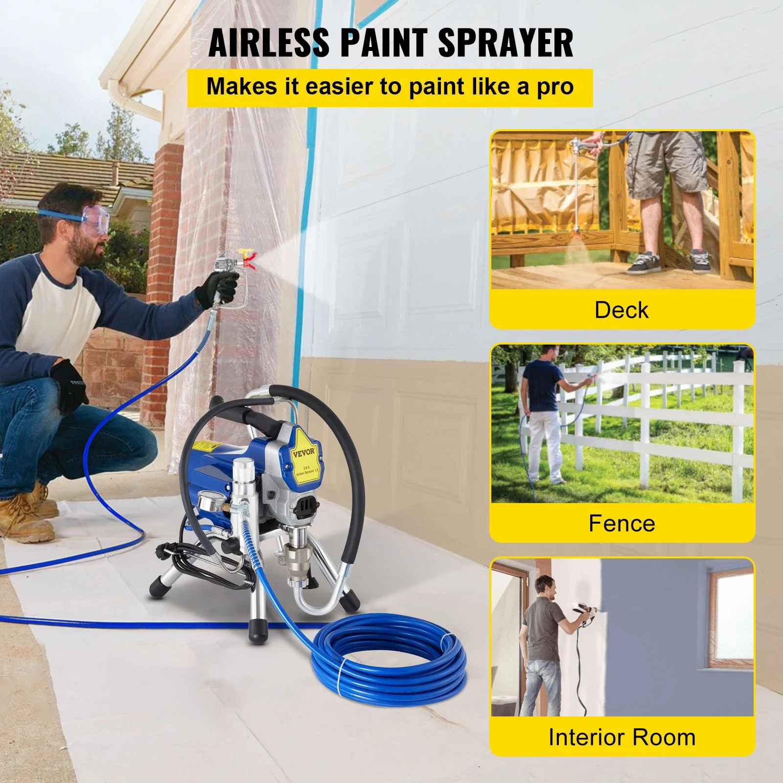 VEVOR Airless Wall Paint Sprayer 2200W Electric Sprayer Gun Kit Adjustable 3000PSI-Pressure 2.5L/Minute-NoLoad Displacement