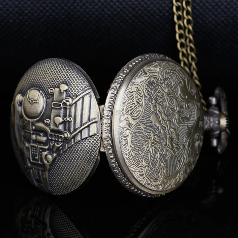 Retro Train Pattern Carved Quartz Pocket Watch | High-Quality Stainless Steel Chain Unisex Student Pendant