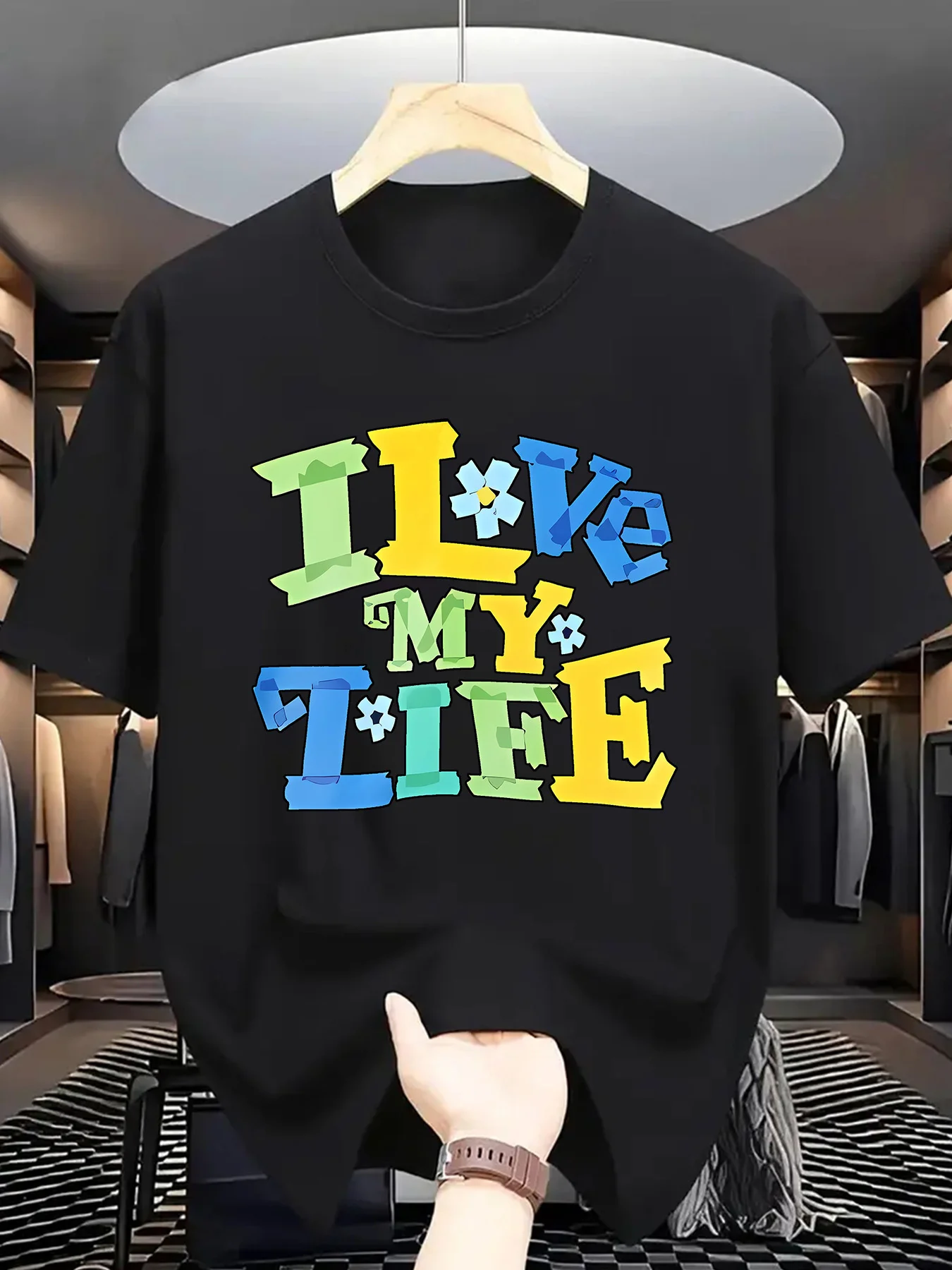 Pure Cotton Single Sided Printed Round Neck Short Sleeved T-Shirt Printed With I Love My Life Letters Patterned Short Sleeve