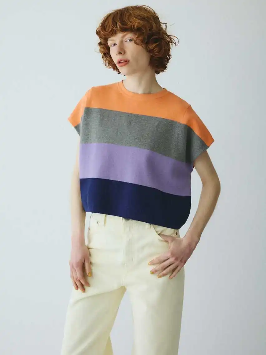 Herin Stripe Color Block Short Sleeve Knitted Top Women's Casual Summer T-Shirt Moisture Wicking round Neck Loose Fit