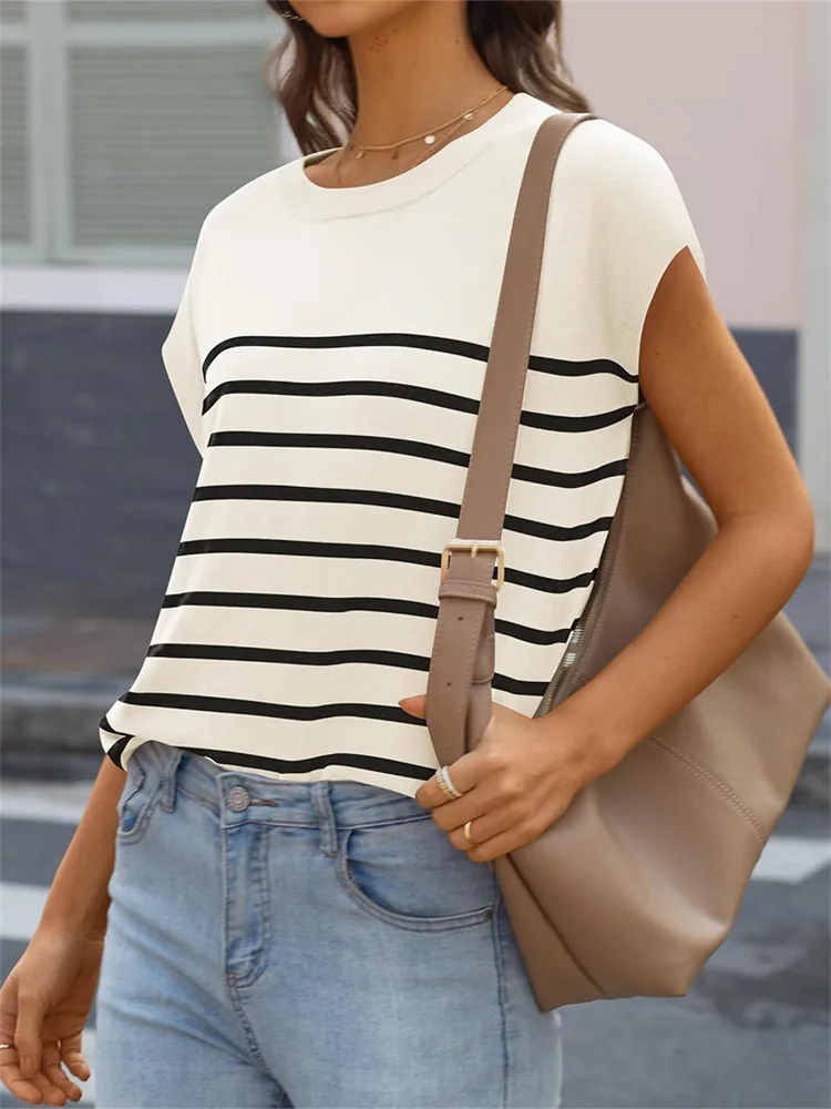 Patchwork Stripe Knitted Tops Women Beige T Shirts Summer Batwing Sleeve O Neck Basic Tees Streetwear Casual Loose Knitting Tops