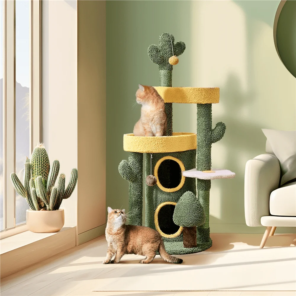 

48.5 Tall OasisThemed Cat Tree Indoor FleeceCovered Tower With ching Posts Toys Cat House For Small Medium Cats Green Yell