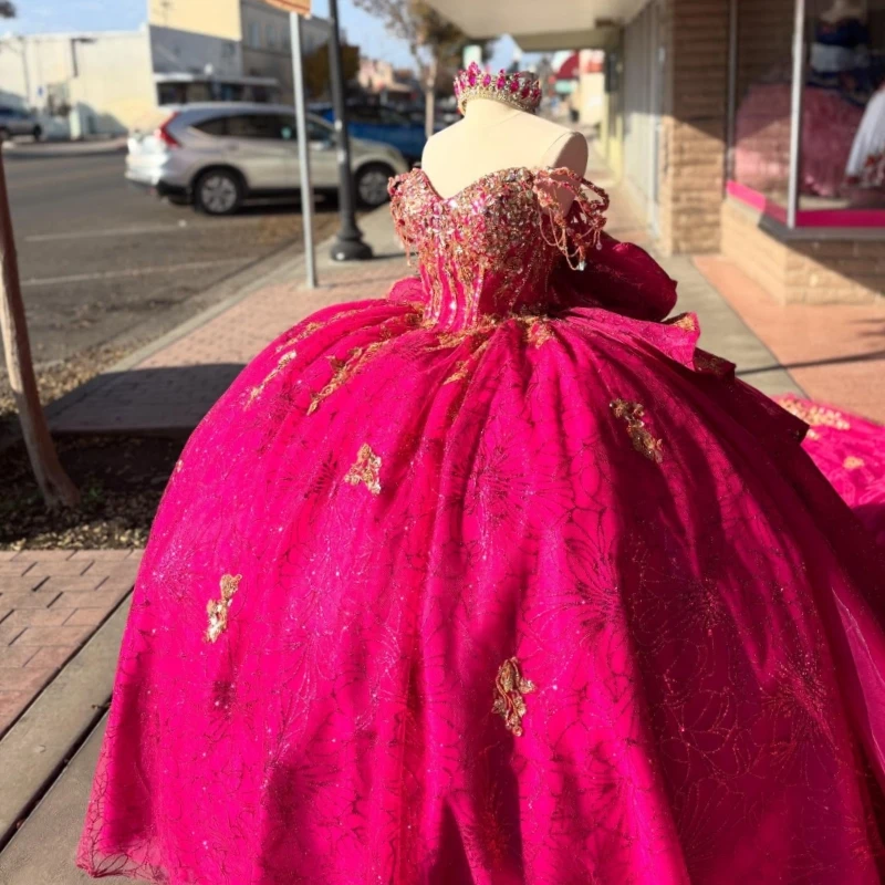 

Rose Red Shiny Quinceanera Dresses Off The Shoulder Sequin Applique Lace Beading Crystal Bow Tull Party Birthday Sweet 16 Dress