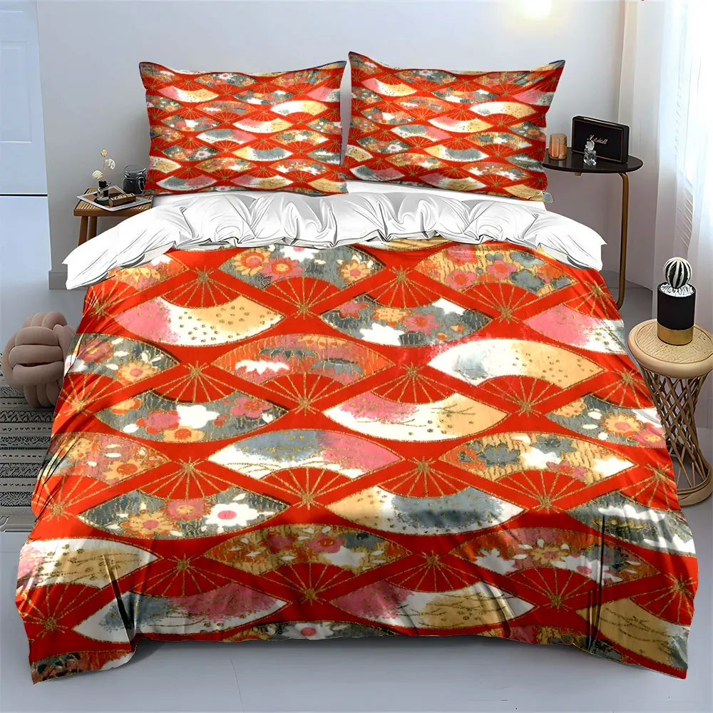 Japanese Fan Pattern Fabric Set Bedding Set with 1 Duvet Cover 2 Pillowcases Single Double King Queen, Gift