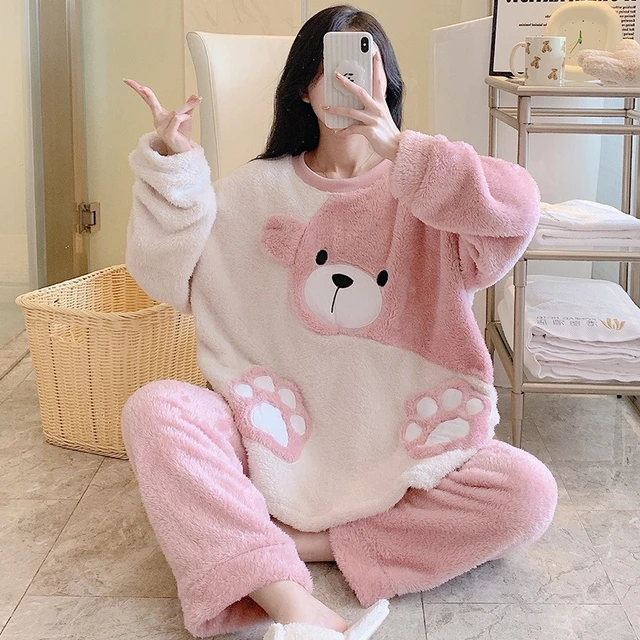 Conjunto de pijamas de felpa para mujer ropa de dormir bonita de dibujos animados Tops y pantalones de manga larga ropa de casa para estar en casa Invierno 2023 AliExpress