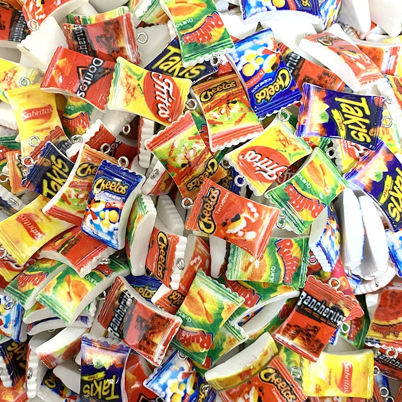 المعلقات الغذائية المضحكة لصنع المجوهرات ، رقائق البطاطس ، كيس الوجبات الخفيفة ، سحر الراتنج ، قلادة ، سلسلة المفاتيح ، القرط ، الصنع ، 24x18 مم