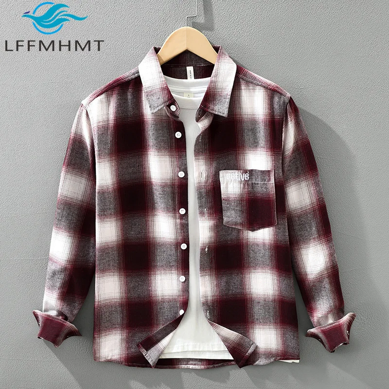 

7830 Good Quality 100% Cotton Japan Style Long Sleeve Plaided Men's Shirt Classical Simple Basic Business Style Blouse Tops