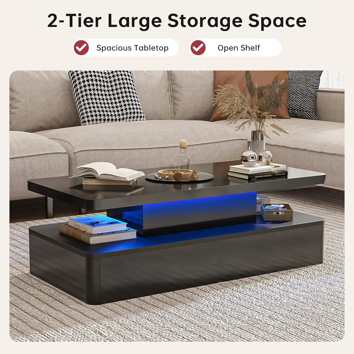 Mesa de centro LED moderna, mesas de salón de 40" con luces LED de 16 colores, diseño de doble capa, mesas de centro elegantes