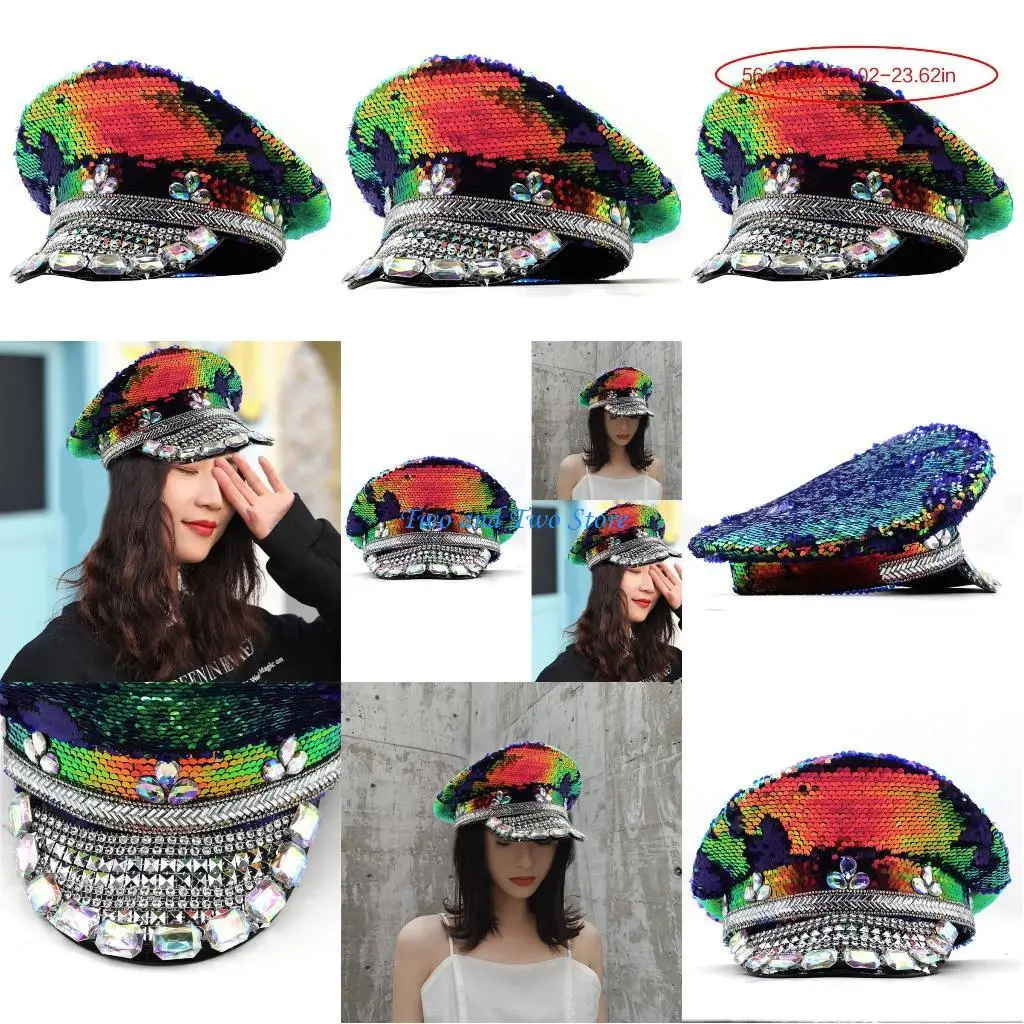 

HX6F Bejeweled Captain Hat Shimmering Crystals Hat for Disco House Cocktail Parties