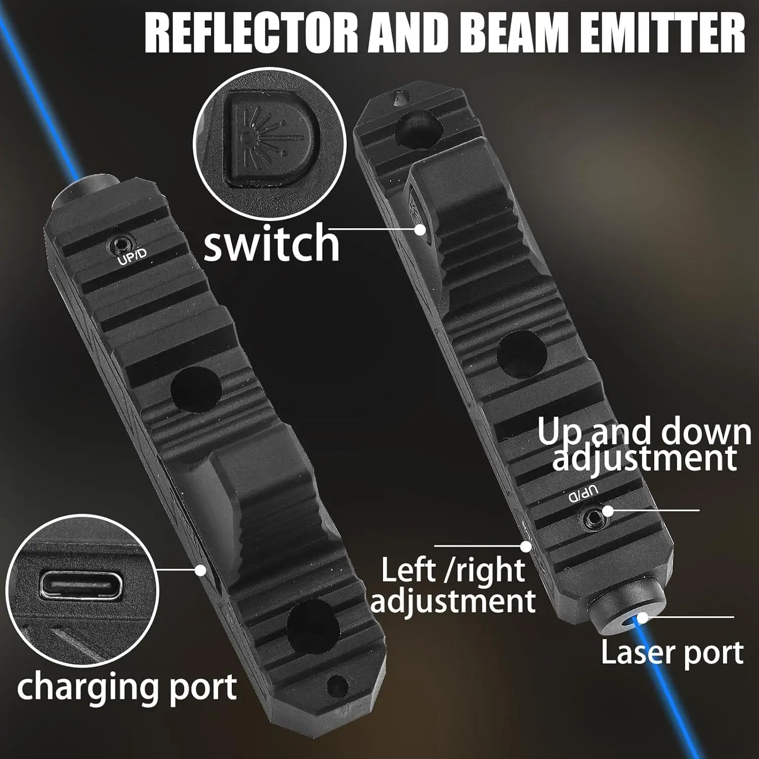 เลเซอร์สีน้ําเงิน (เอาต์พุตเลเซอร์ Class IIIA คือ 5mW) ระยะ 1.2 ไมล์พร้อมฟังก์ชัน Strobe Type-C ชาร์จใหม่ได้เข้ากันได้กับ M-Lok Rail