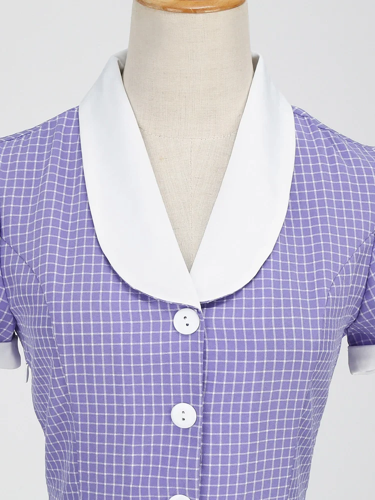 Tonval Shawl Collar Button Up Vintage Robe Plaid Long Dress Evening Elegant for Women Short Sleeve Pockets A-Line Dresses