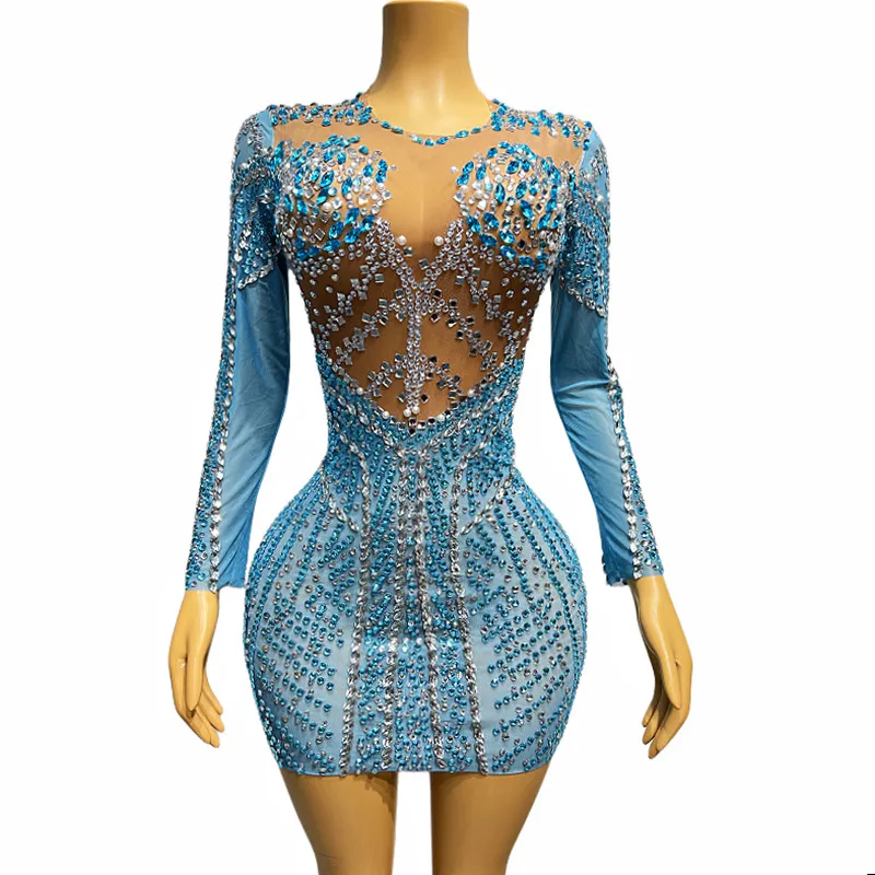 

Blue Rhinestones Mesh Short Dress Women Luxury Sexy Evening Celebrate Catwalk Show Costume Bar Singer Concert Stage Wear