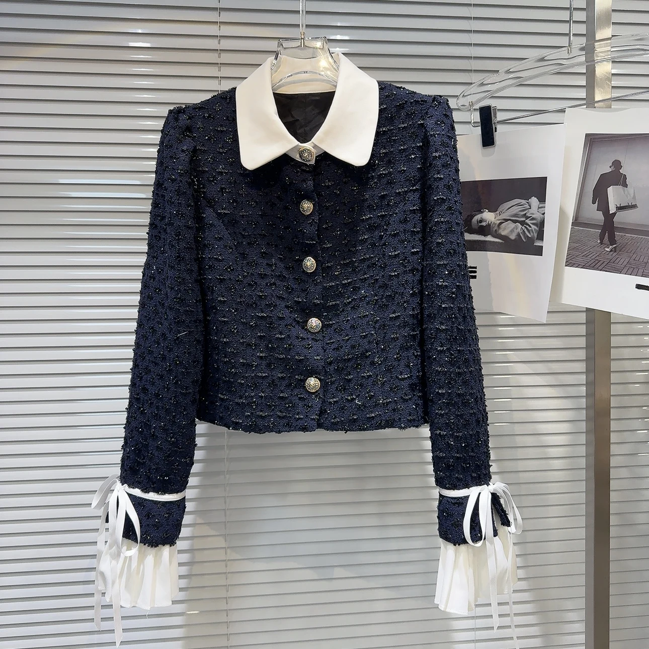 2025 Autumn New Arrival: Elegant White Collar & Cuff Tie-Bow Tweed Short Coat for Women