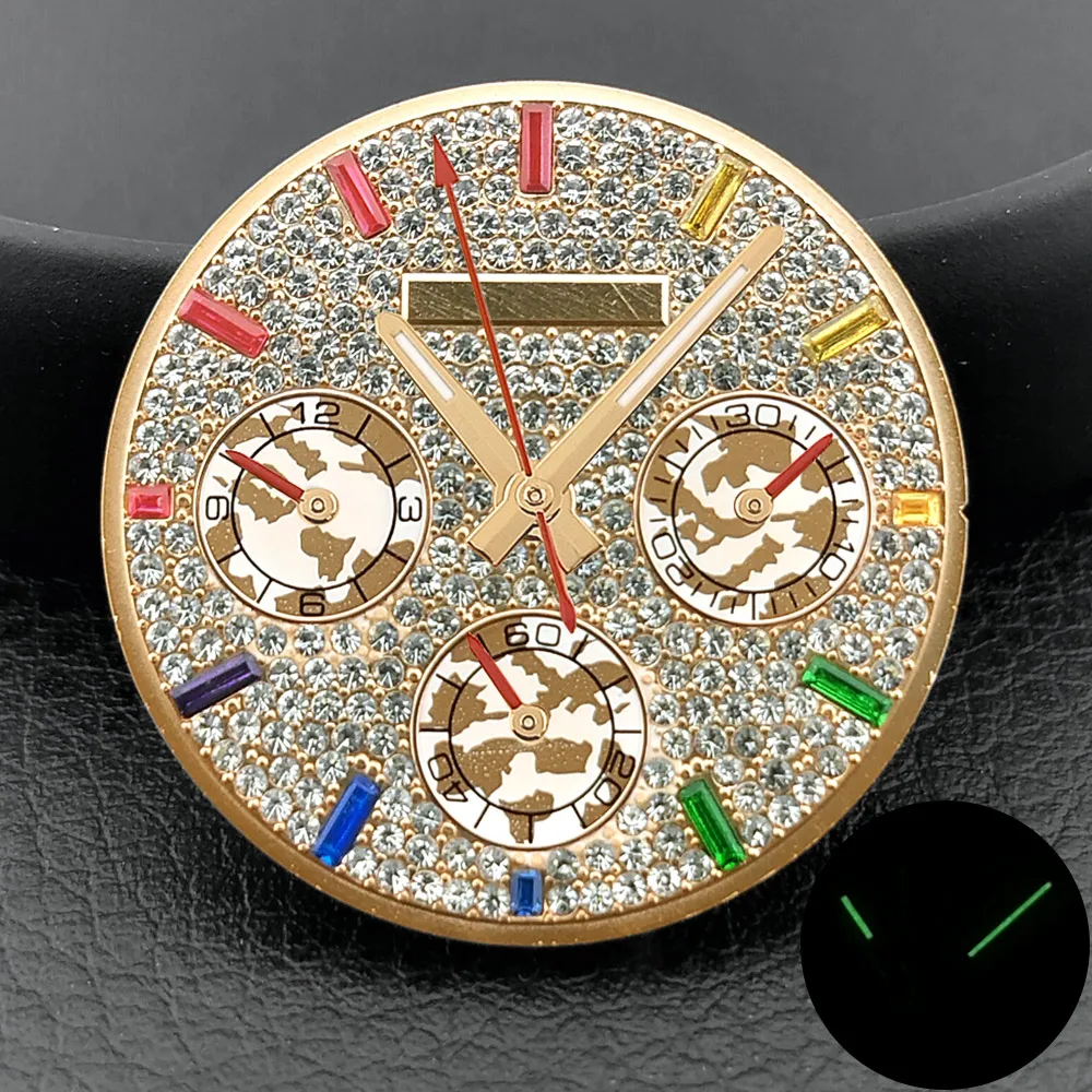 39,3 mm farbiges Kristall-Diamant-Gehäuse, passend für VK63-Uhrwerk, Silber, Roségold, Schwarz, Uhrenzubehörteile, kann zusammengebaut werden. – Detail 15
