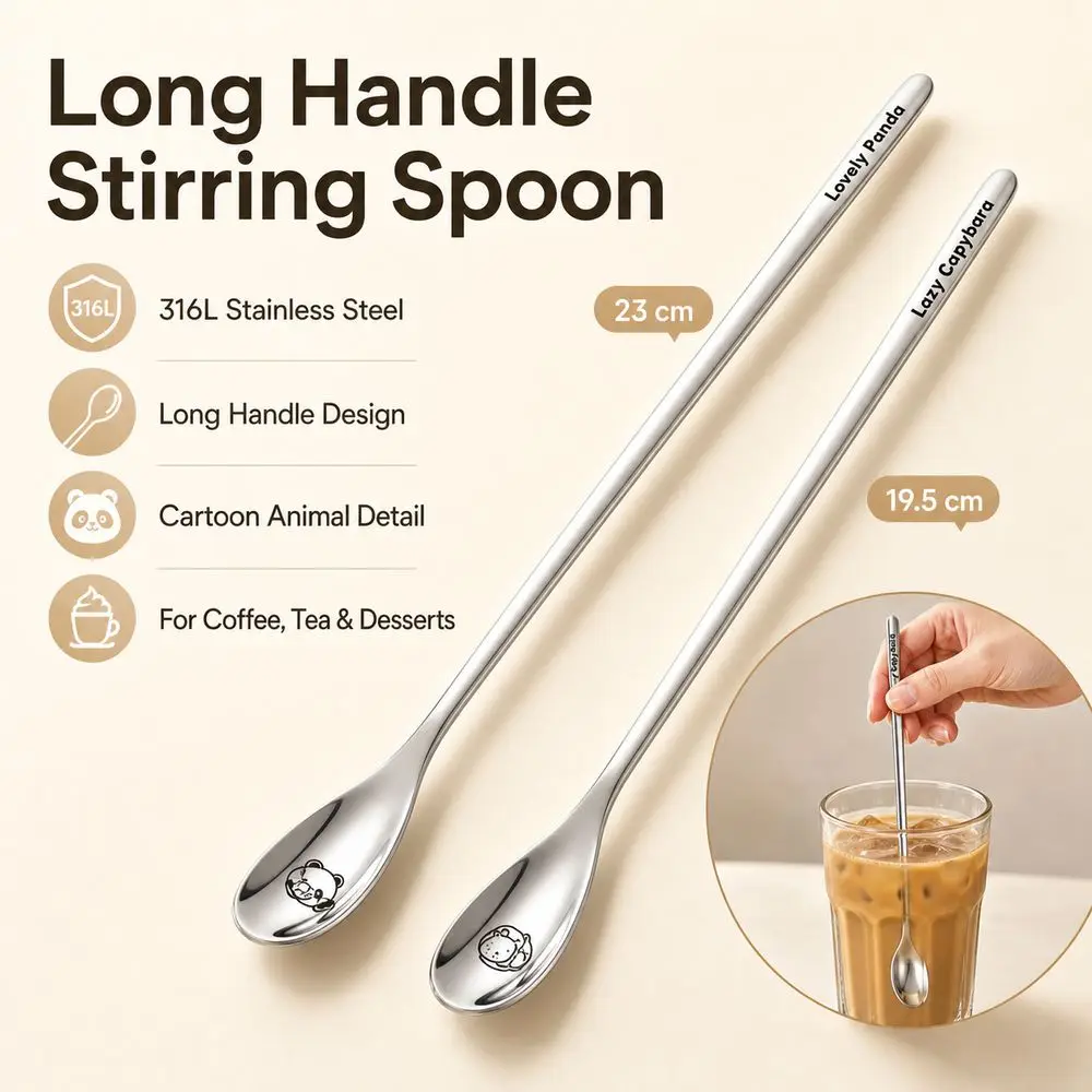 316 Stainless Steel Stirring Spoon Cartoon Animal Long Handle Long Handle Spoon Smooth Surface Slim Mixing Spoon