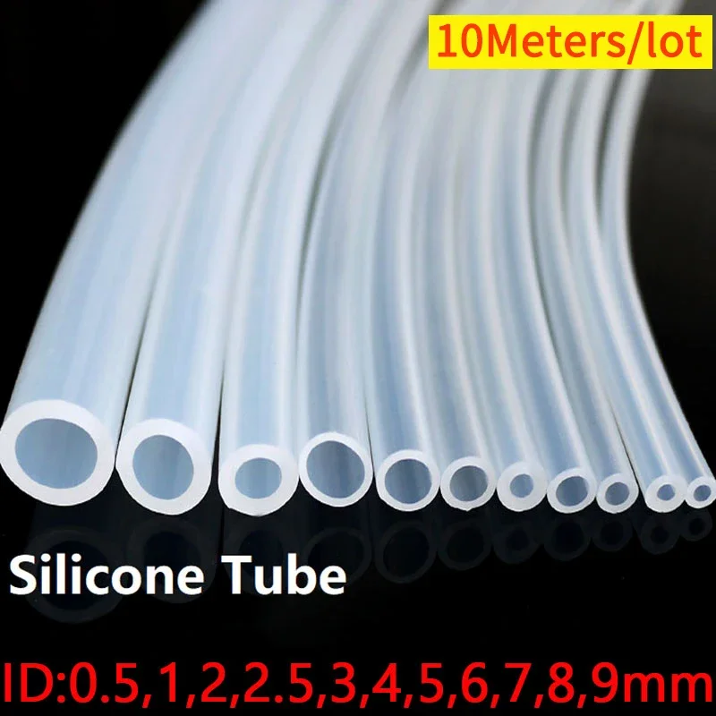 Manguera de goma de silicona transparente de grado alimenticio, tubo Flexible de silicona no tóxico, ID 0,51, 2, 3, 4, 5, 6, 7, 8, 9, 10mm, O.D, 10 metros