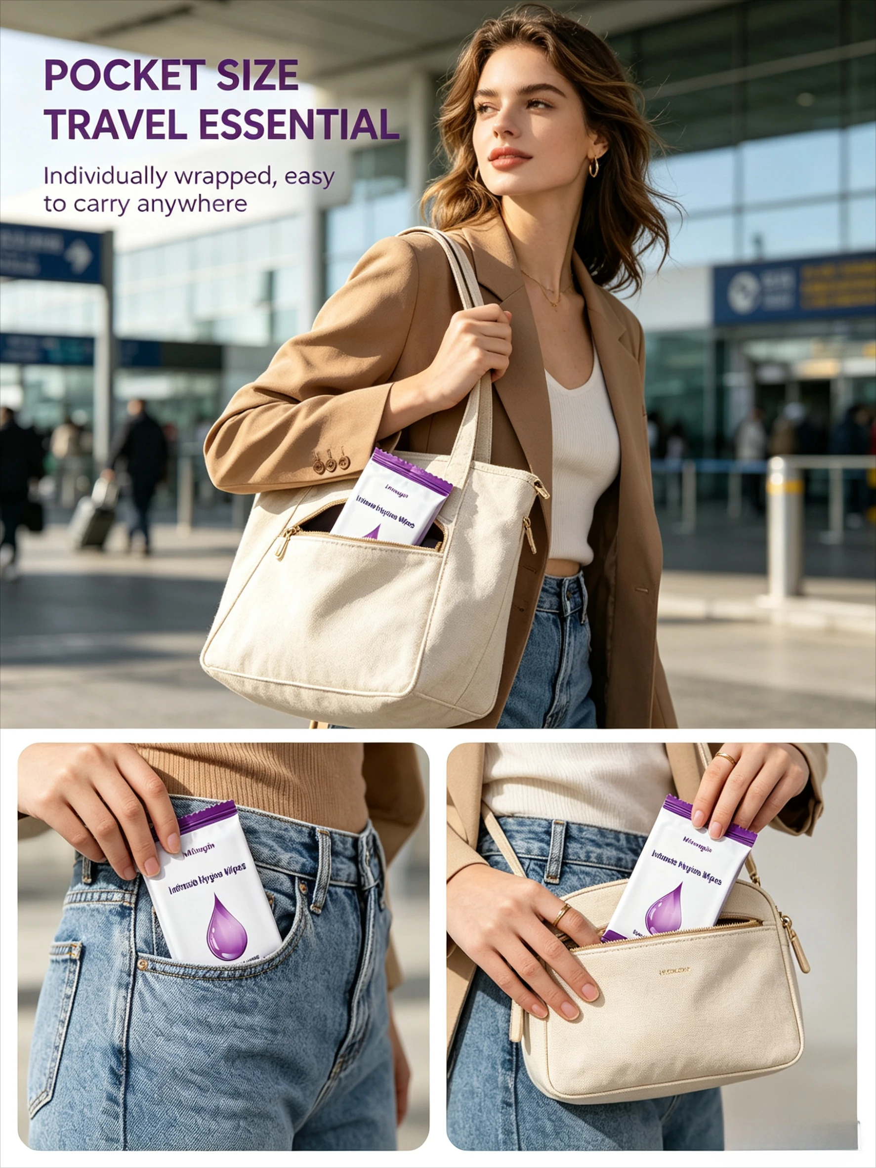 Period travel-friendly intimate wipes; mildly acidic formula gentle on skin; individually wrapped for easy carrying.