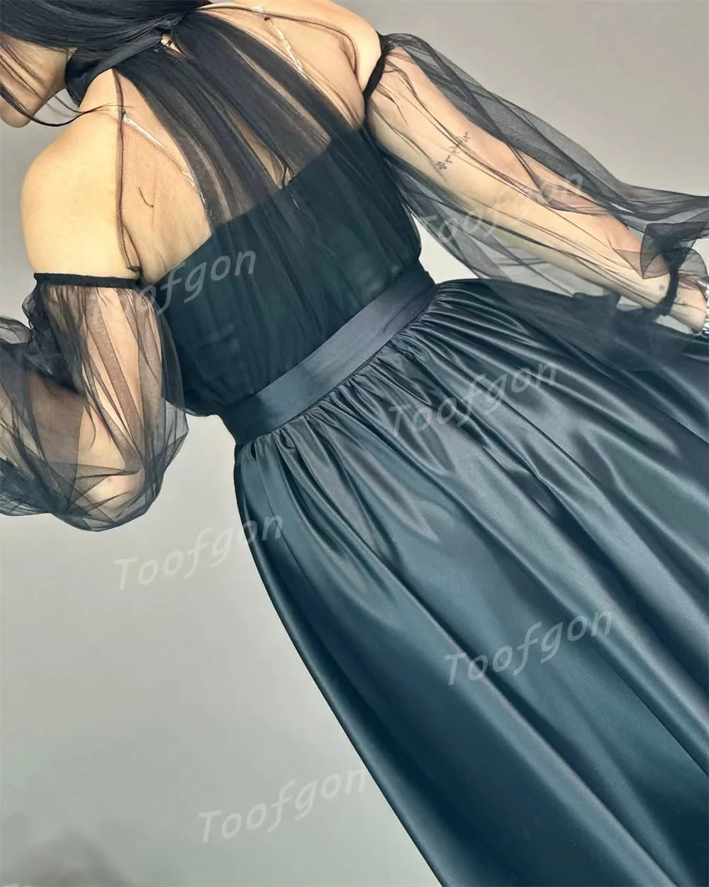 Toofgon alta halter preto vestidos de noite fora shouder manga longa uma linha vestido cetim tule formal vestido de festa personalizado