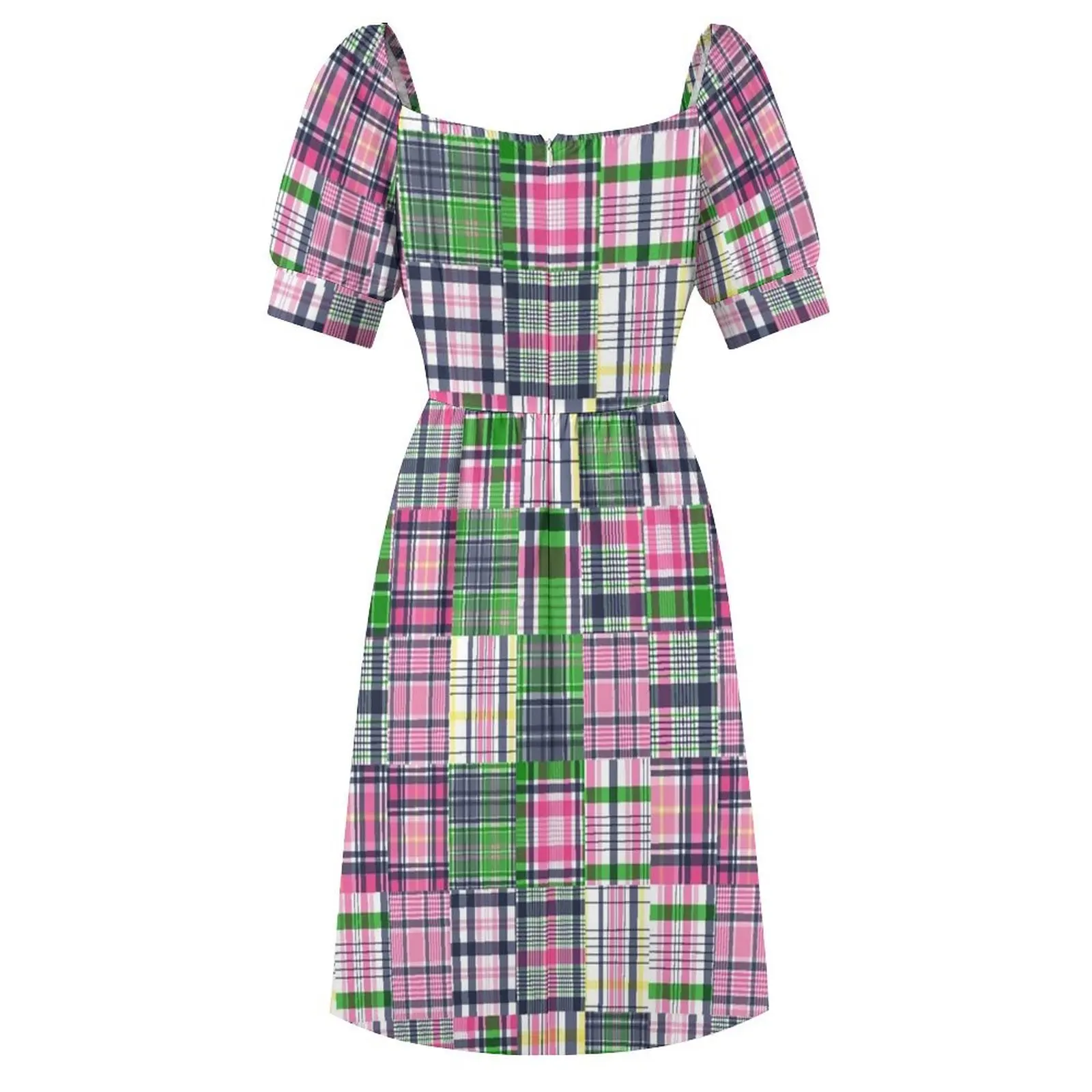 Summer Plaid Pink Madras Patchwork Short Sleeved Dress Elegant gown dresses for prom Beachwear Summer skirt Dress