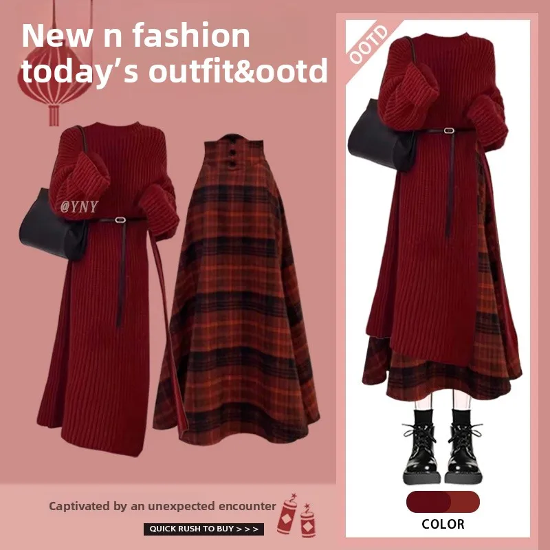 

Winter eeting вязаный свитер миди с высокой талией, женский вязаный свитер красного цвета, блузка f, юбка, комплект из двух предметов с эффектом похудения