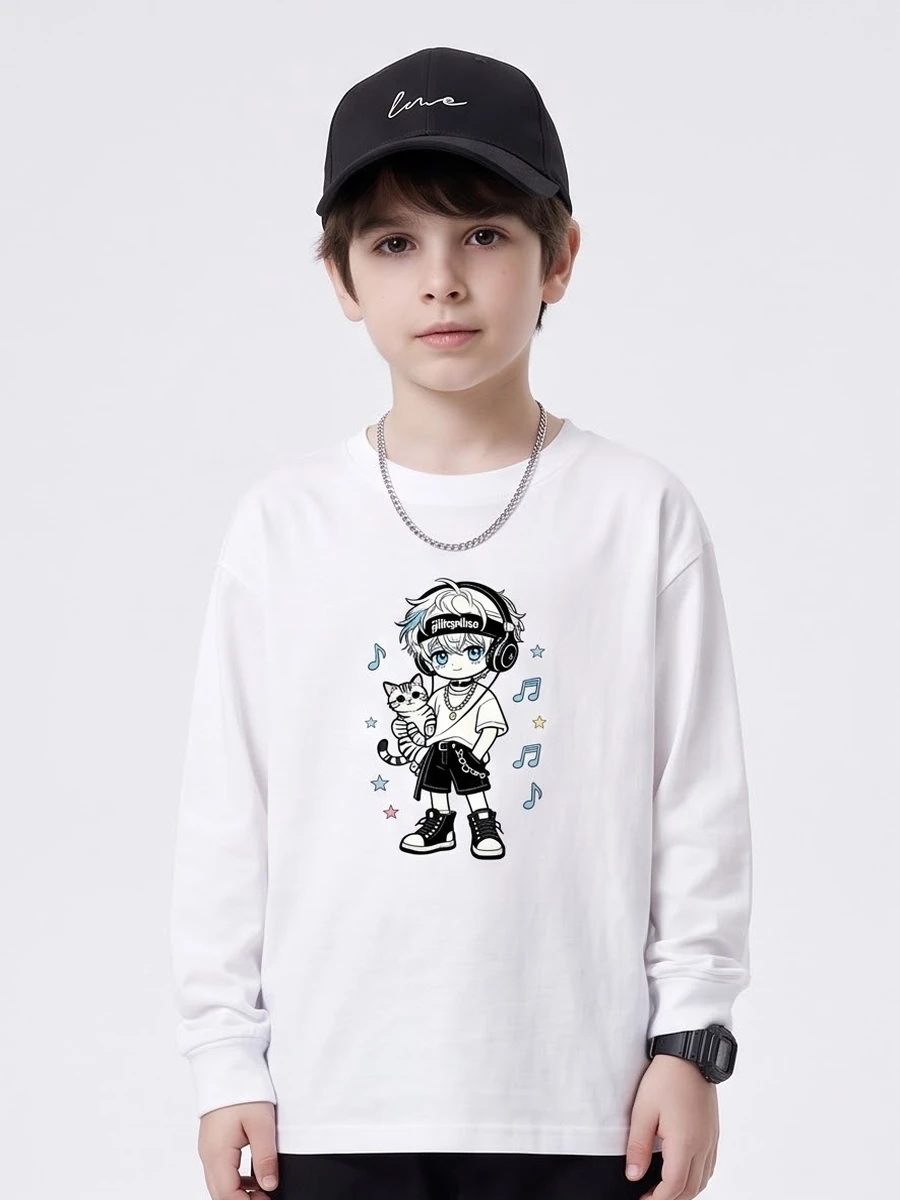 Cool Manga Boys Long Sleeve Cotton T-Shirt Cartoon Boy with Cat Music Print Loose Fit  Autumn Daily Top 100-170cm