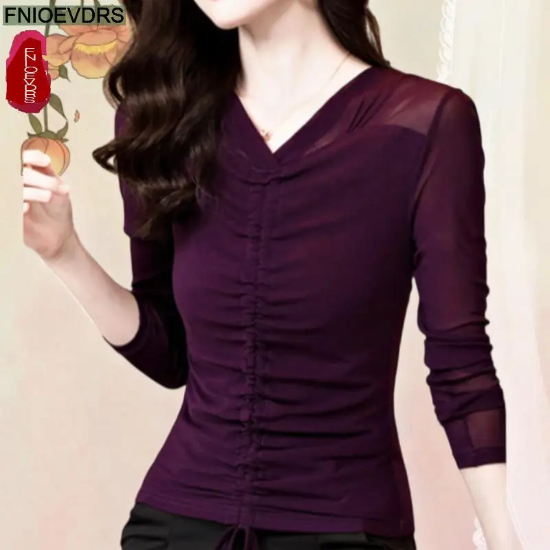 

3 Colors Sheer Mesh Tops Blouses 2025 Spring Women Fashion Long Sleeve Solid Draped Shirring Retro Vintage Purple Basic Shirts