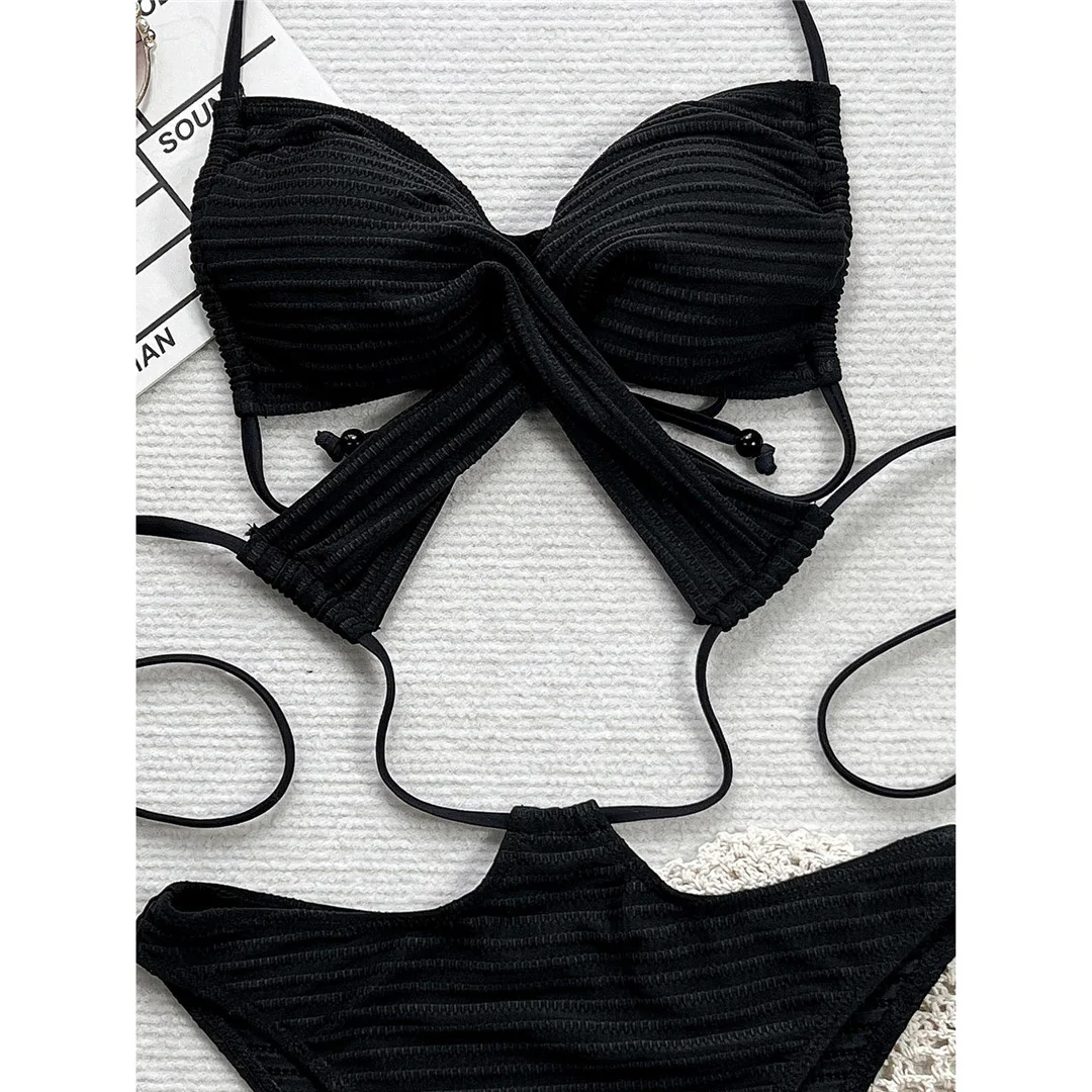 Sexy gerippter, rückenfreier Badeanzug mit Ausschnitten und Neckholder für Damen, einteiliger Badeanzug mit hohem Beinausschnitt und Polsterung, Badebekleidung V6276 – Detail 11