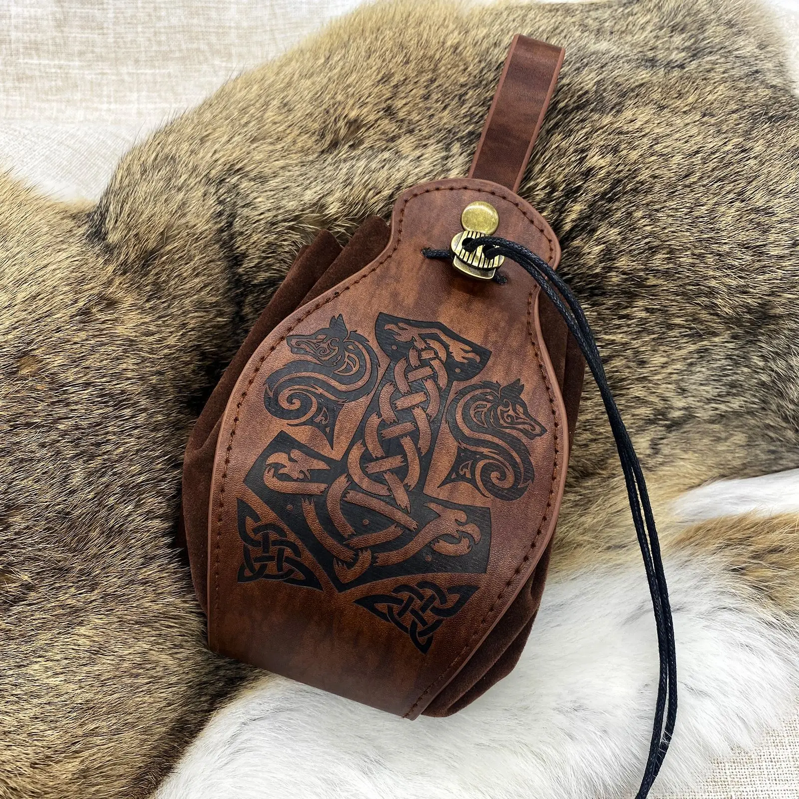 Mittelalterliche Wikinger-Geldtasche, Tasche, Cosplay, zum Aufhängen, Gürtel, Hüfttasche, Unisex, Leder, Kordelzug, Geldbörse, Party-Zubehör, Requisite – Detail 6