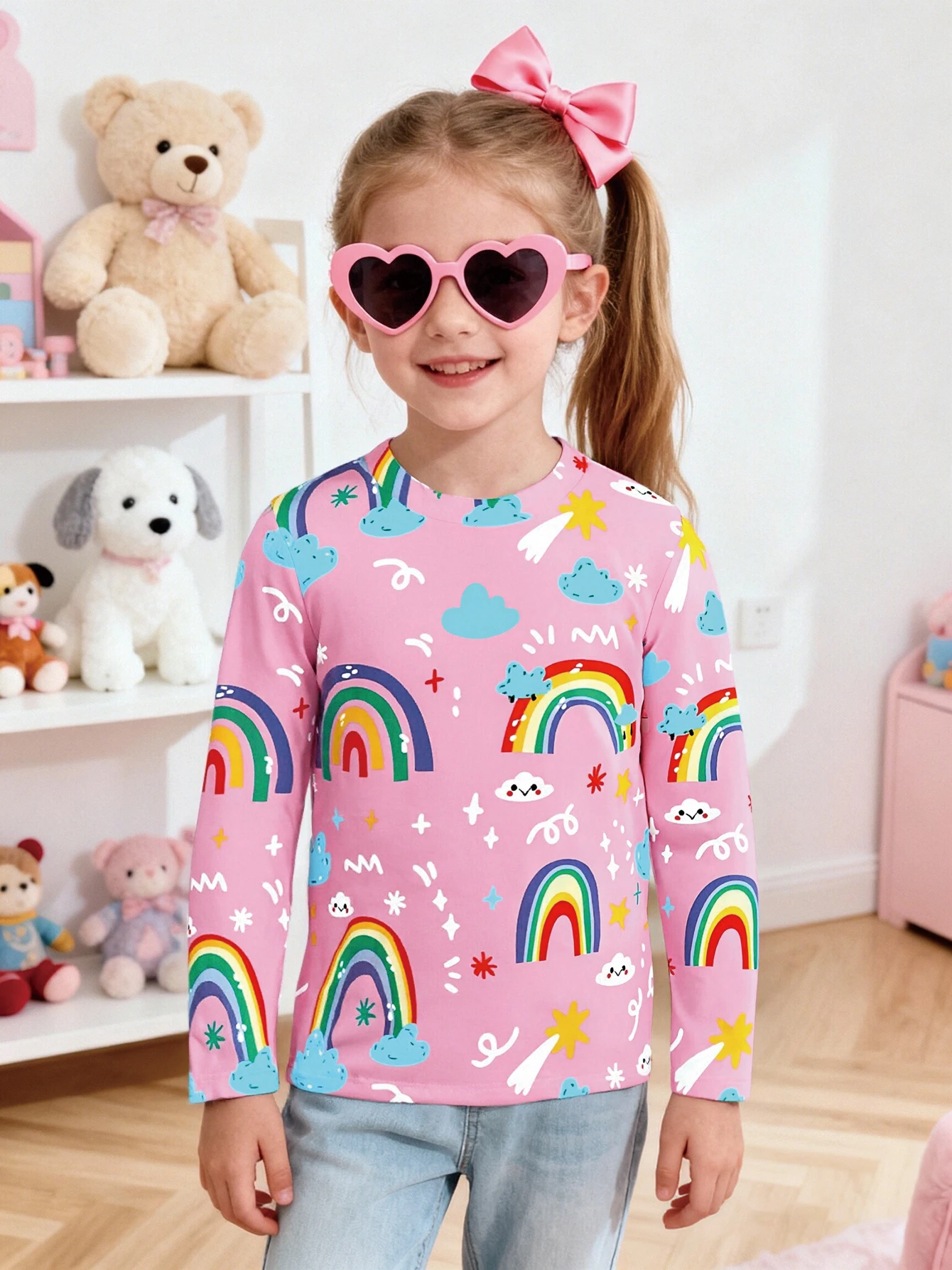 

2026 Girls' Pink Rainbow Cloud Full Print Long Sleeve T-Shirt Children's Childlike Cute Crew Neck Top Autumn Outfit