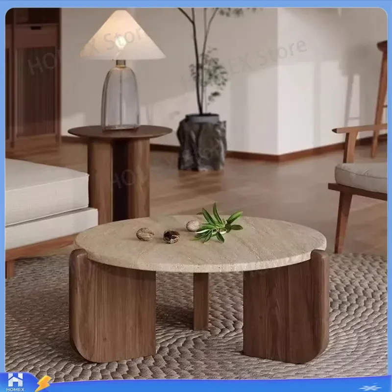Wabi Sabi Minimalist Solid Wood Travertine Round Coffee Table Small Living Room Balcony Home Decor Modern Indoor Furniture