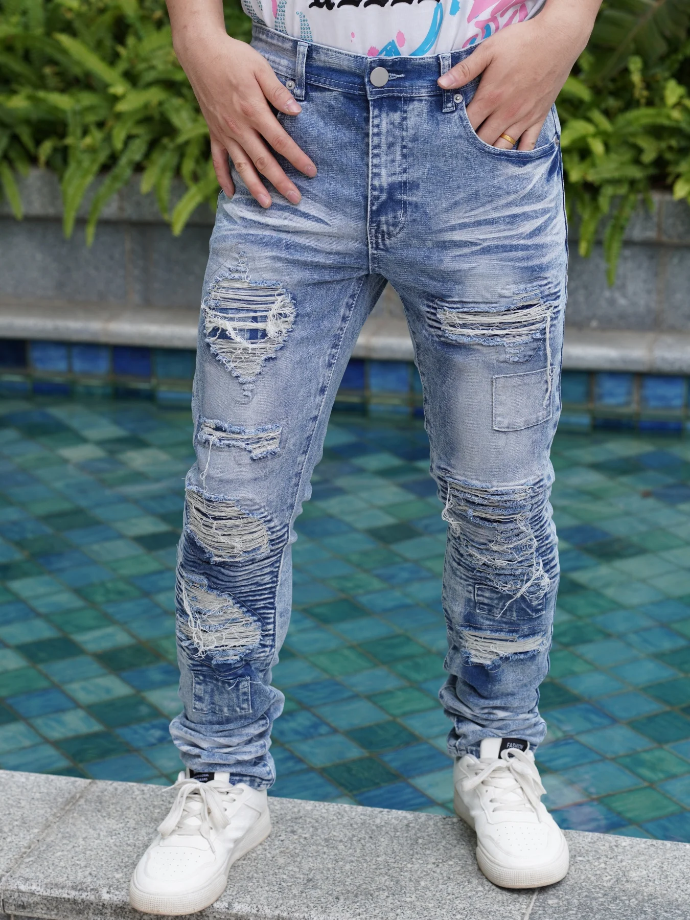 

Fashionable Men's Jeans Distressed And Patched Style Summer New Arrivals On Sale Free Delivery Breathable And Cool