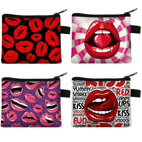 Canvas Coin Purse Credit Card Holder Sanitary Pad Pouch Cosmetics Organizer Storage Bags Women Wallets Mini Lips Print Coin Bag