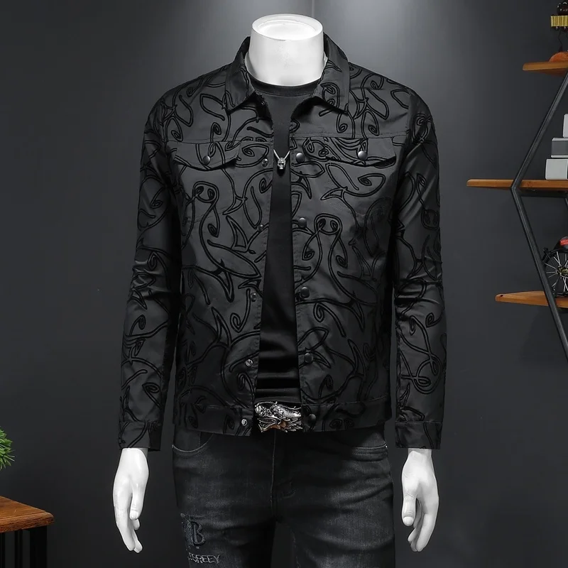 Spring Autumn Men's Slim Fit Flocking Print Collar Jacket Casual Thin Style Business Leisure Outerwear Trendy Youth Polyester