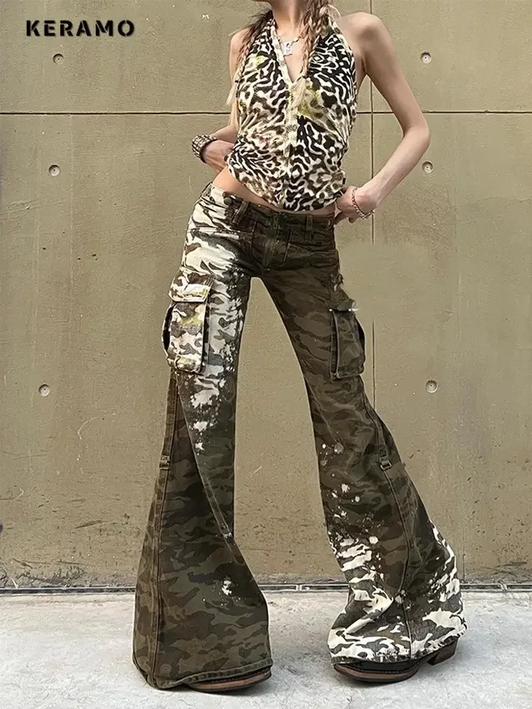 Retro Camouflage Print Sheath High Waist Flared Jeans Retro Y2K Pants Women Vintage Slim Streetwear Style Pockets Denim Trouser