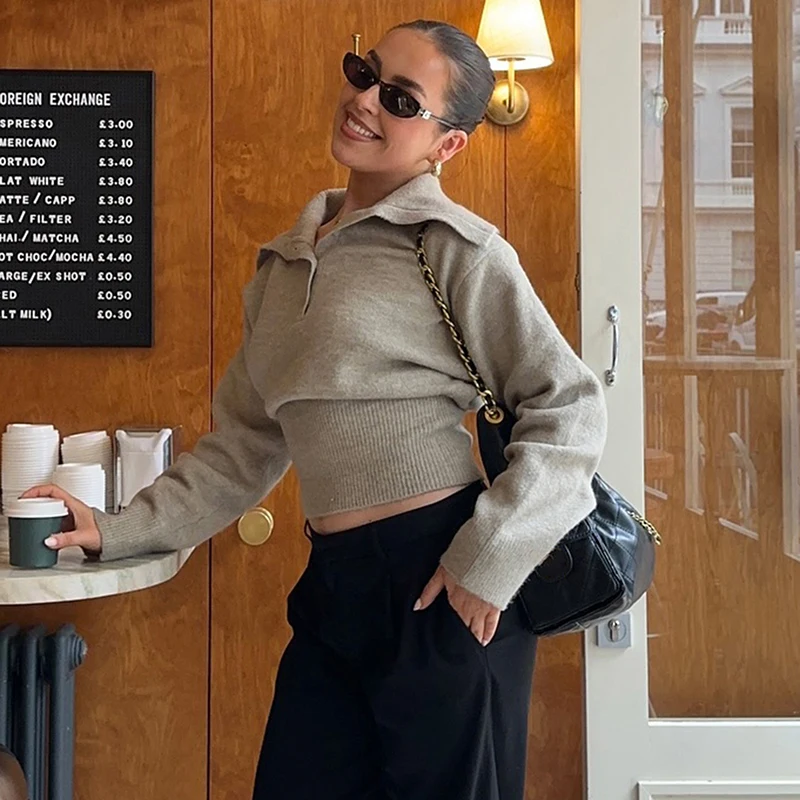 

Tornova Повседневный вязаный свитер для женщин, пуловеры с воротником поло и длинными рукавами, однотонный женский свободный свитер с высокой талией, топ 202, осень, новинка