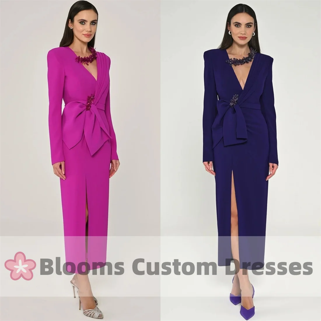 

Blooms Crepe Long Sleeves Elegant Women's Evening Gown Beaded V-neck Ruched Straight Formal Occasion Dress Side Slit Prom Dress