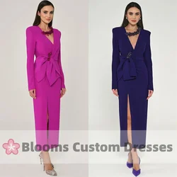 Blooms Long Sleeves Elegant Customized Evening Gown Beaded V-neck Ruched Straight Formal Occasion Dress Side Slit Prom Dress