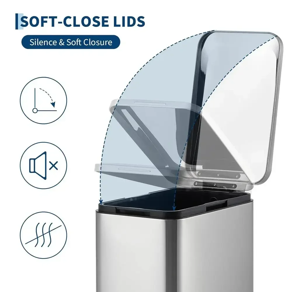 13 Gallon Stainless Steel Trash Can with Soft-Close Lid and Removable Bucket - Slim Design for Small Spaces, Ideal for Bathroom