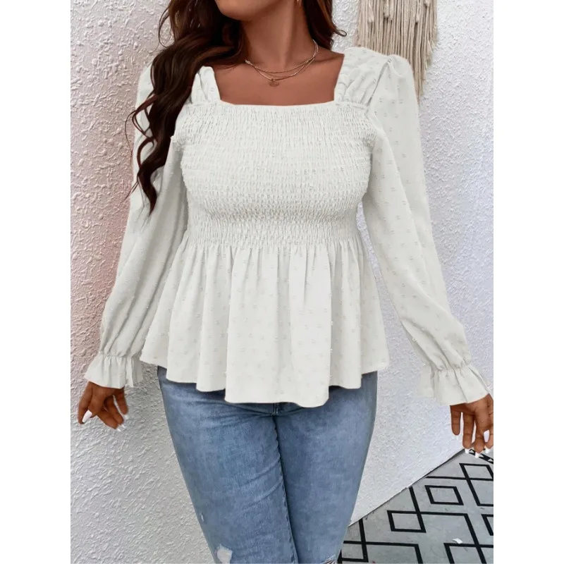 

Plus Size 1XL-5XL Women's Fashionable Square Neck Trumpet T-shirt Ladies Long Sleeved Casual Waist Folded T-shirt