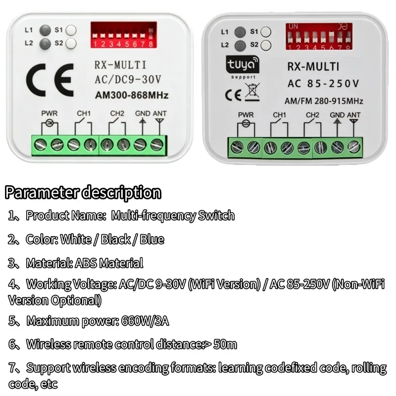 RX MULTI Tuya WIFI 300-868 MHz Garage Door Remote Control Receiver 433MHz 868MHz AC DC 9-30V 85-250V Smart Switch Module Opener