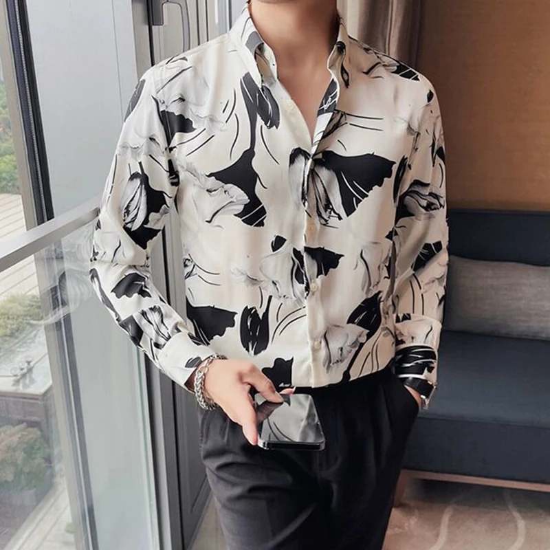 

Spring Autumn Polo-neck Slim Casual Printing Shirt Male Long Sleeve Korean Fashion Cardigan Top Hombre Harajuku Y2K Blouse Men